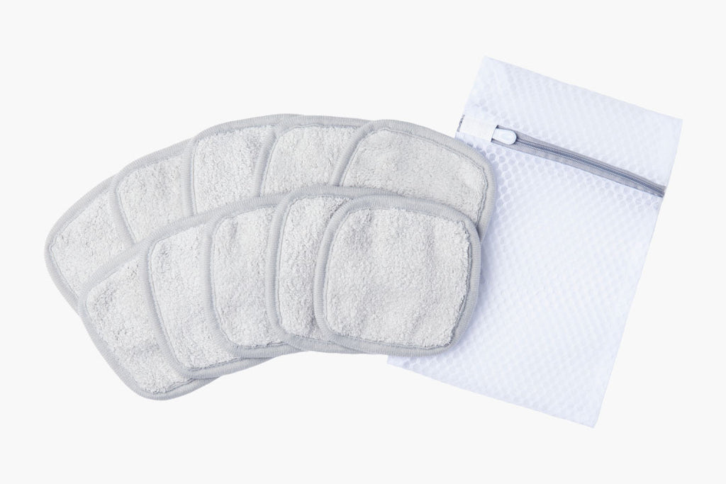 ten reusable grey makeup remover pads and a delicates bag