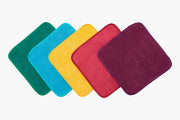 A set of colorful microfiber cleaning cloths in green, blue, yellow, red, and purple, displayed in a row.