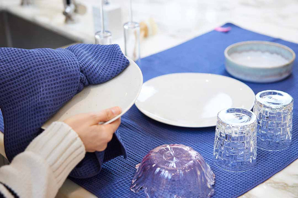 blue waffle weave dish towel